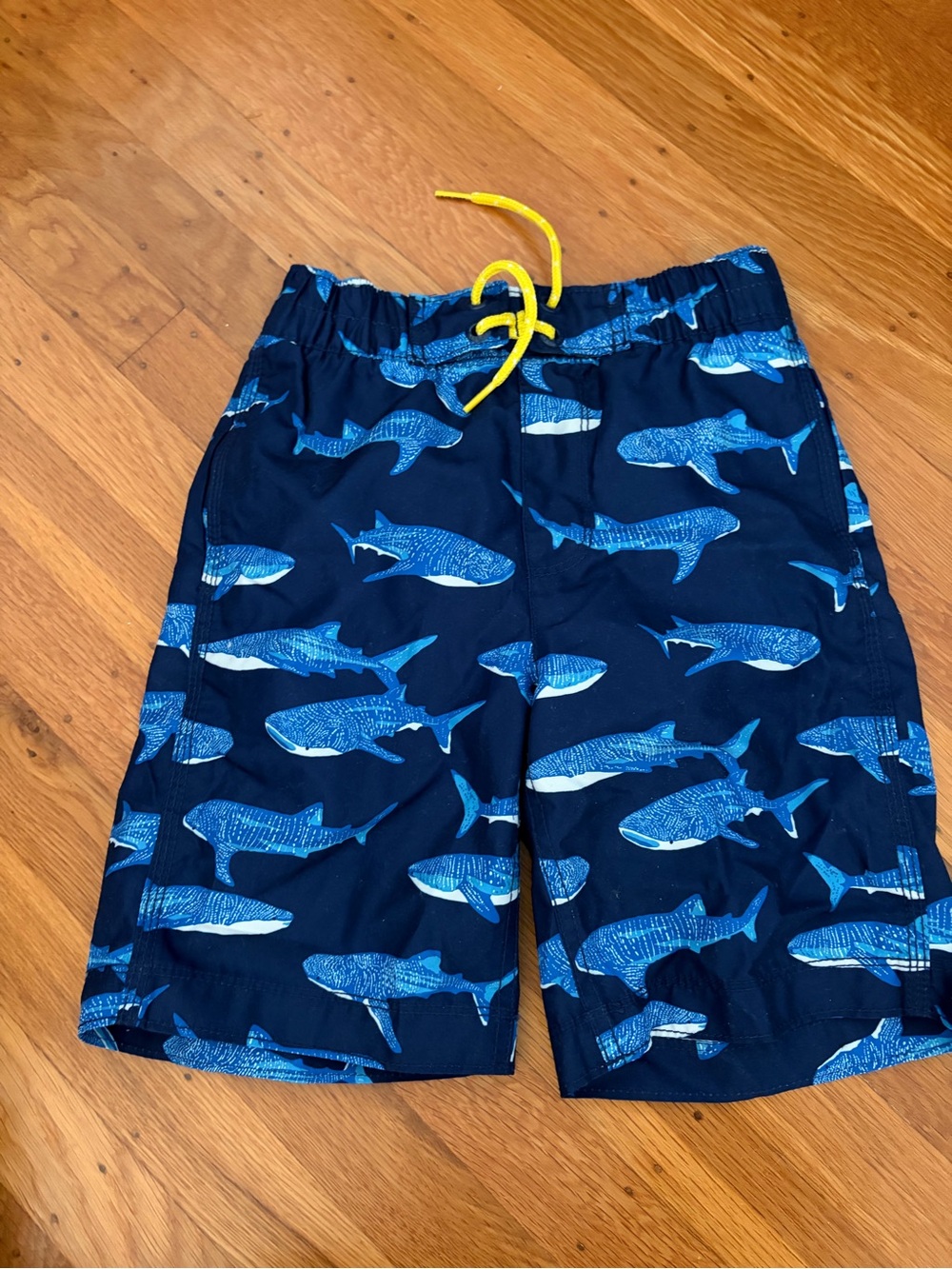 GAP Boys Navy Swim Trunks with Blue Shark Print and Yellow Drawstring